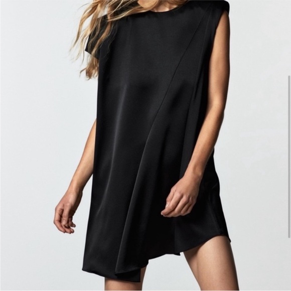 Zara Black Satin Asymmetric Mini Dress Small - Picture 2 of 6